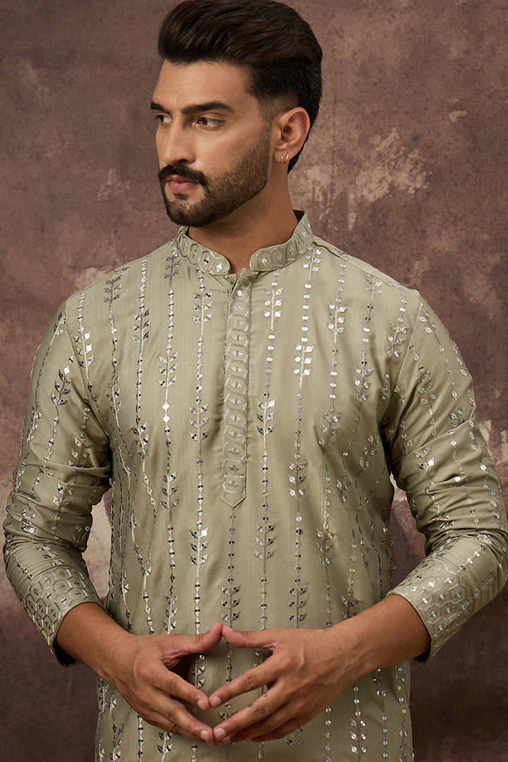 Green Silk Blend Solid Embroidered Straight Kurta With Pant Set For Men | SHOBITAM