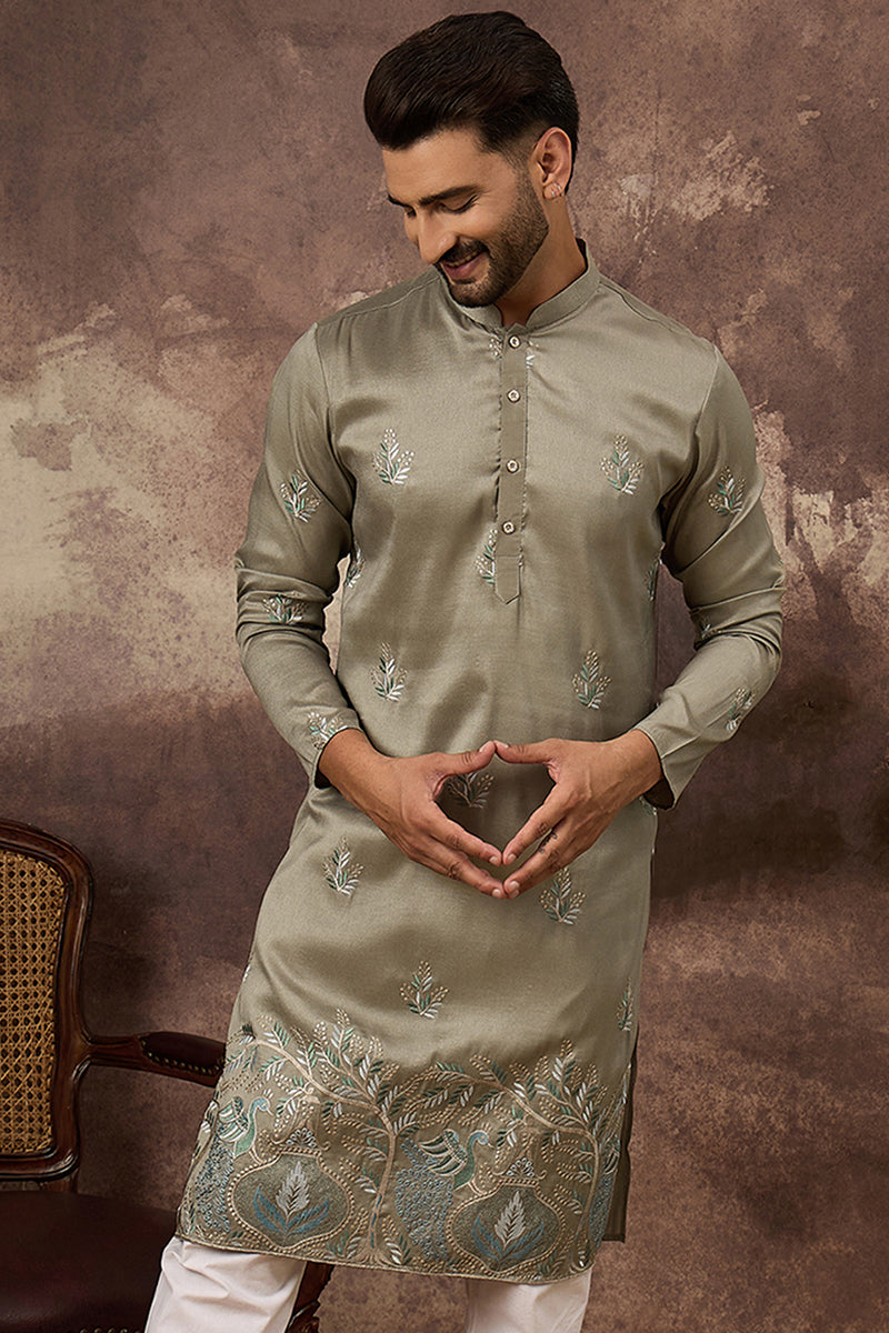 Green Silk Blend Solid Embroidered Straight Kurta with Trouser  | SHOBITAM