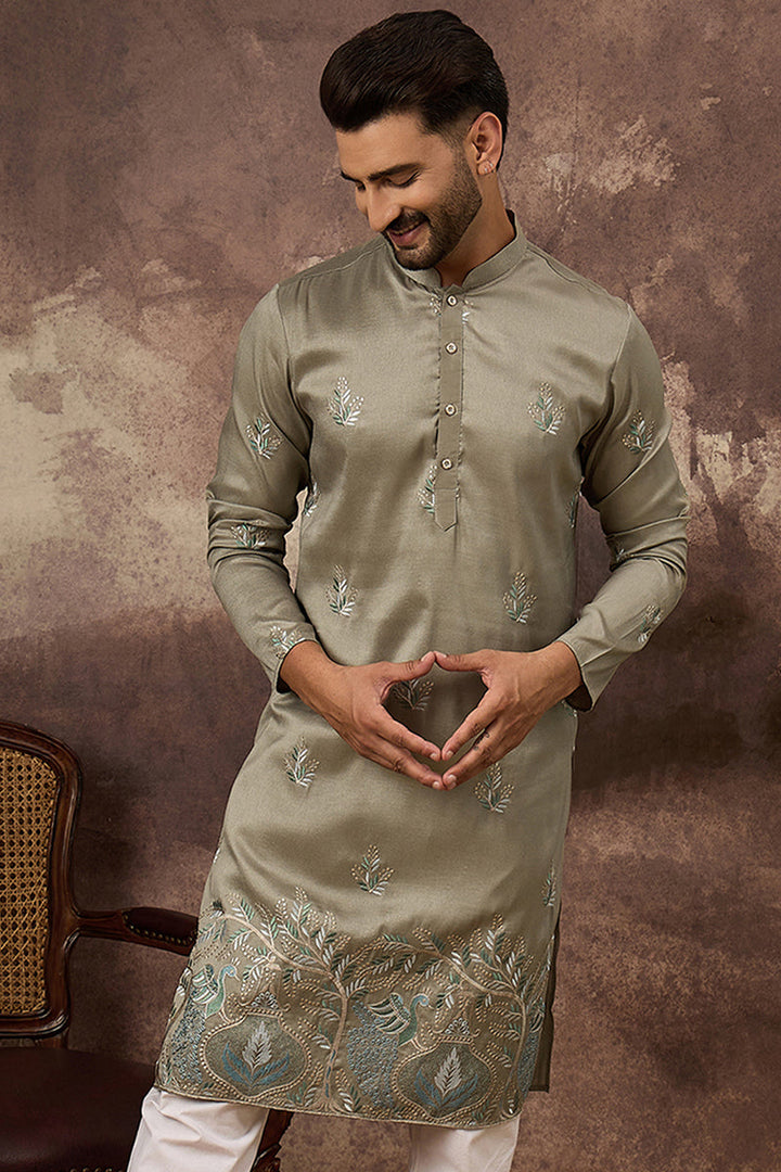 Green Silk Blend Solid Embroidered Straight Kurta with Trouser  | SHOBITAM