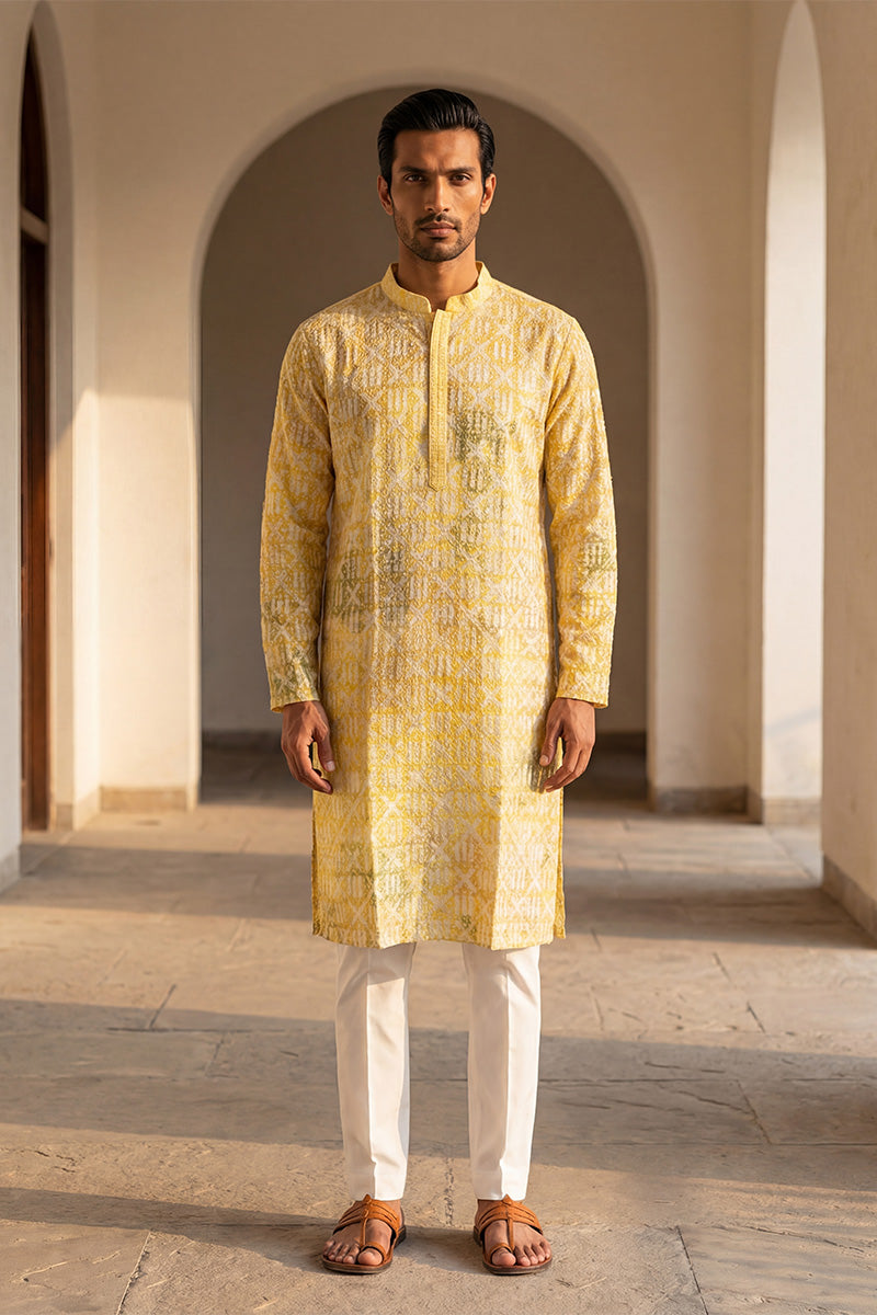 Yellow Viscose Rayon Embroidered Straight Kurta | SHOBITAM