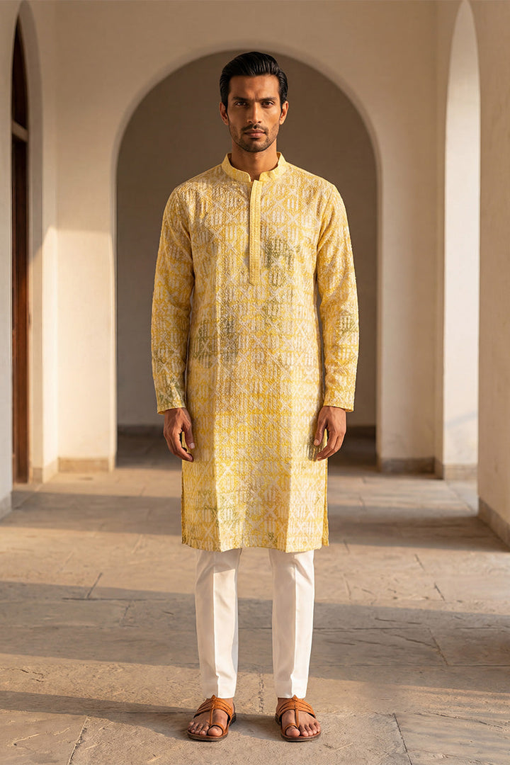 Yellow Viscose Rayon Embroidered Straight Kurta | SHOBITAM