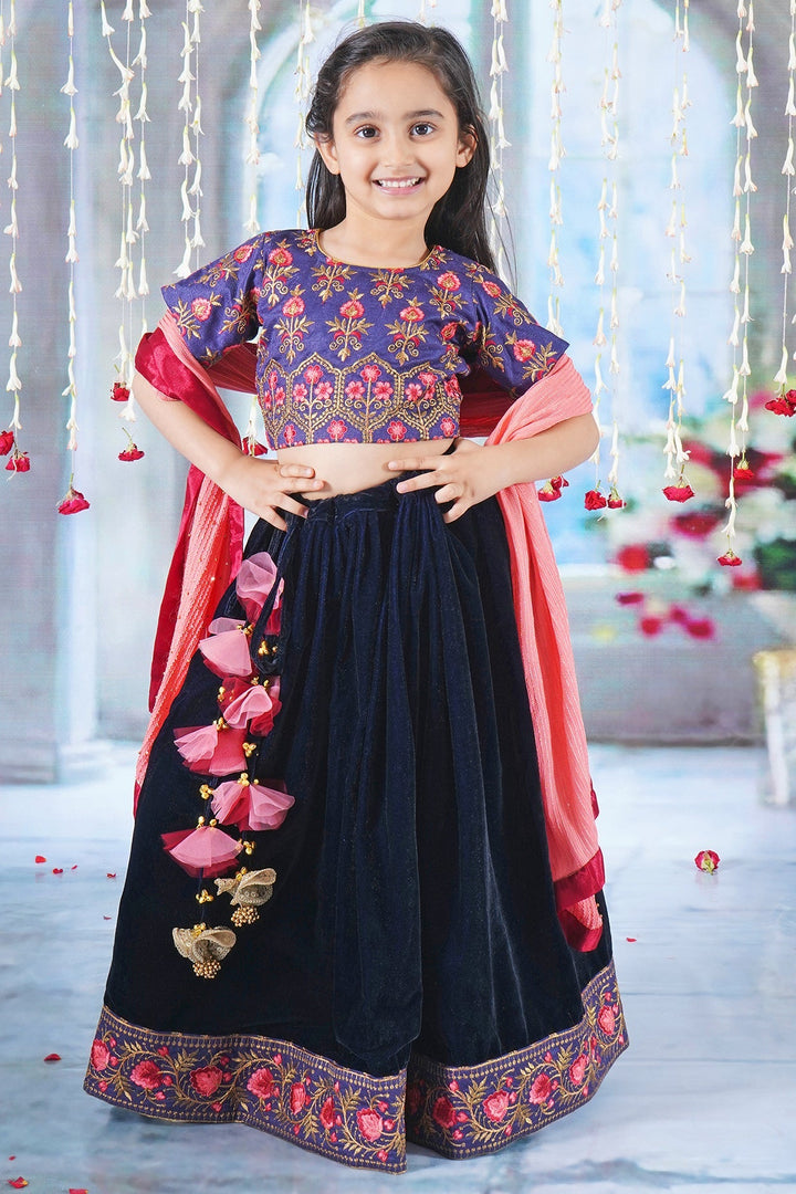 Girl Bageecha Floral Thread work Blouse with Velvet Lehenga and Sequin moti work Dupatta, accompanied with Hand made tassel and Ghungroo work | SHOBITAM