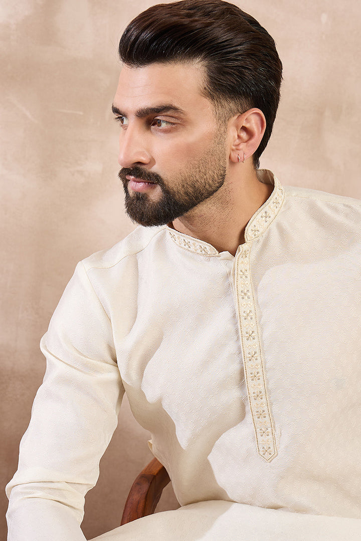 Off White Silk Blend Solid Woven Design Straight Kurta With Trouser | SHOBITAM