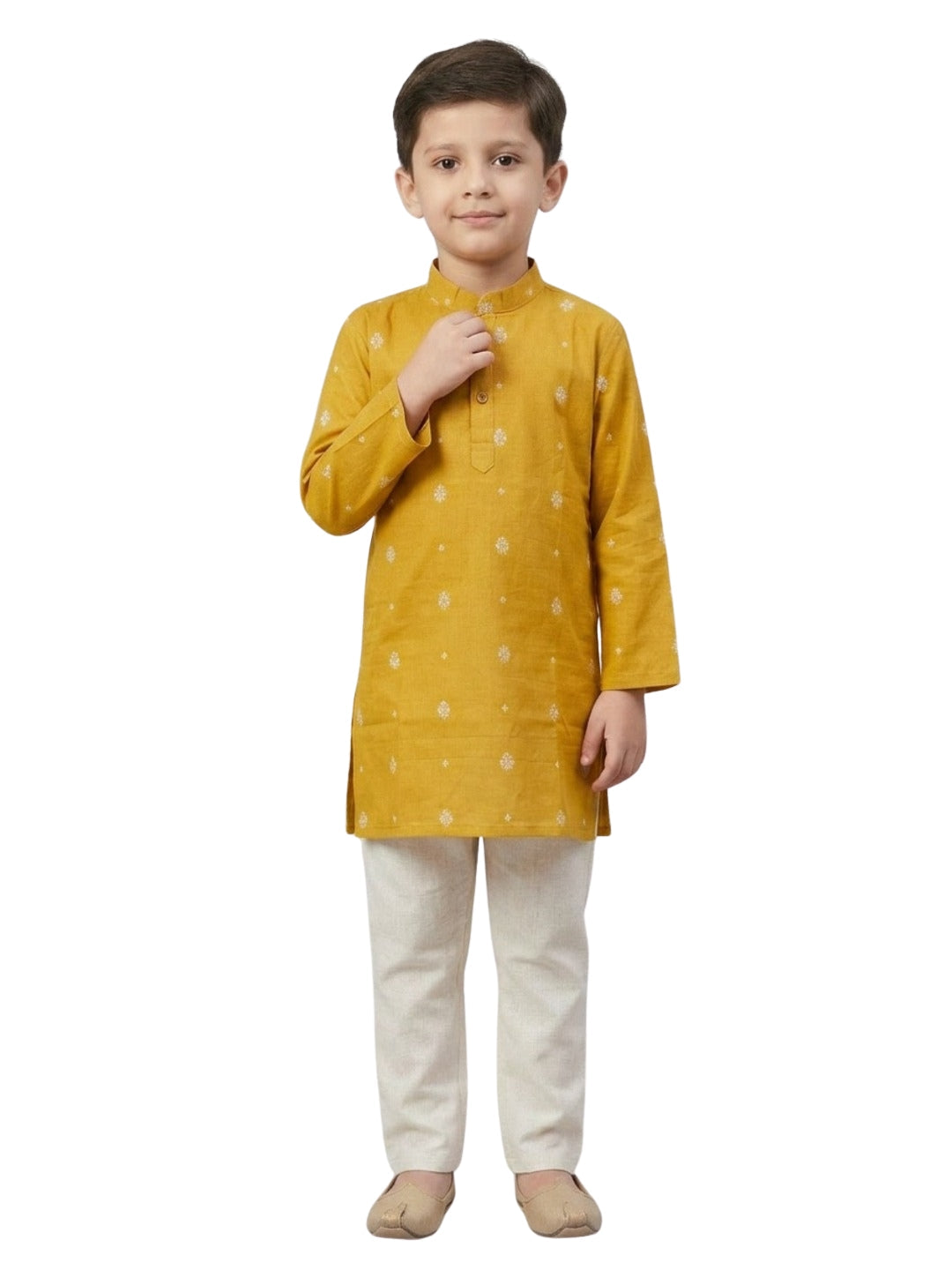 Boys Mustard Cotton Kurta Set with Buti Print | SHOBITAM