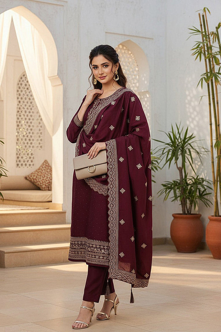 Burgundy Silk Blend Solid Straight Kurta Trousers With Dupatta  | SHOBITAM