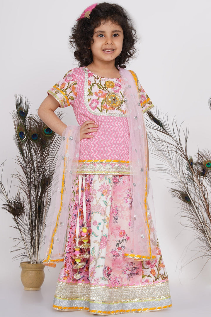 Girls Kali Work Floral Lehenga with Long Jaipuri Kurta and Dupatta in Pink | SHOBITAM