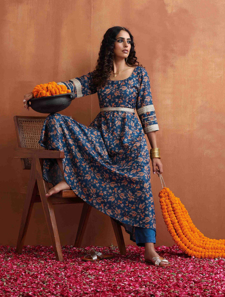 Blue Print Flared Anarakali Kurta Set | SHOBITAM | SHOBITAM