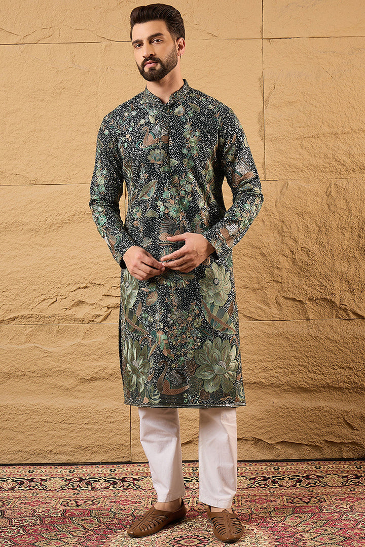 Green Silk Georgette Solid Embroidered Straight Kurta with Trouser  | SHOBITAM