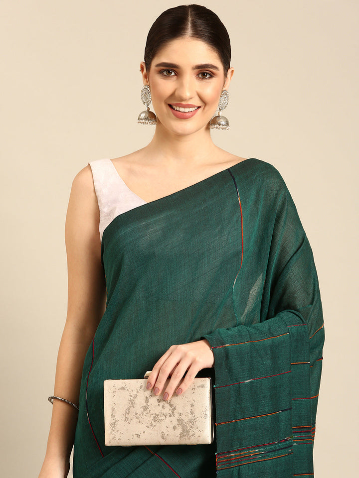 Bottle Green Pure Cotton Saree with Blouse piece