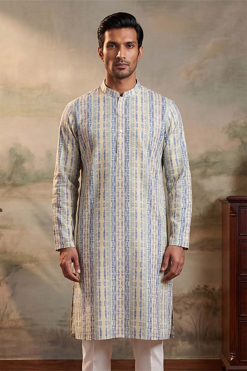 Mens Multi Silk Blend Abstract Printed Kurta With Trousers