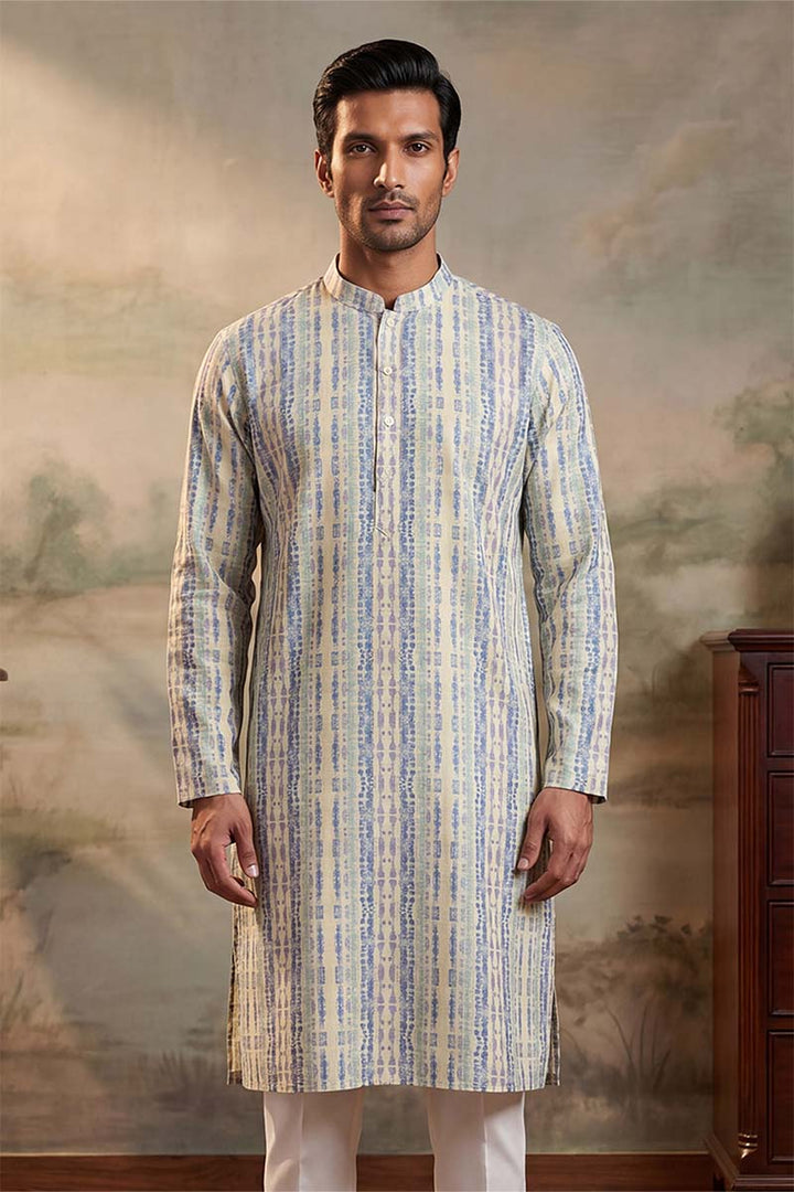 Mens Multi Silk Blend Abstract Printed Kurta With Trousers