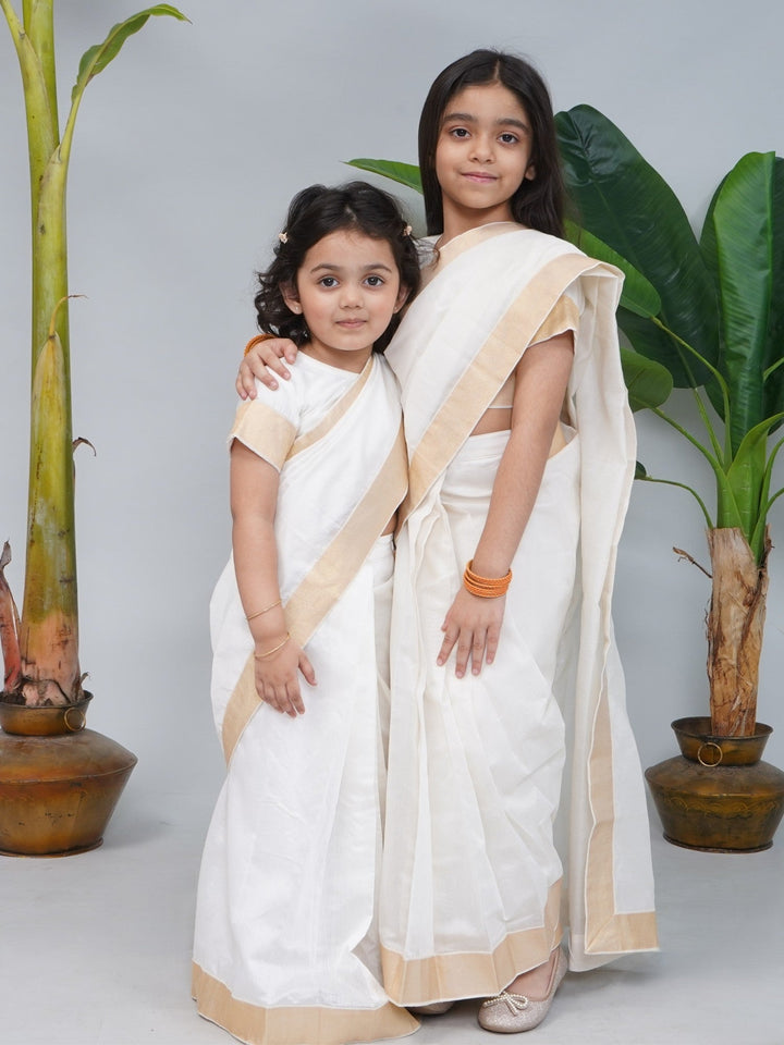 Girls Cream Chanderi Semi-Silk South Indian Saree Set with Stitched Blouse | SHOBITAM