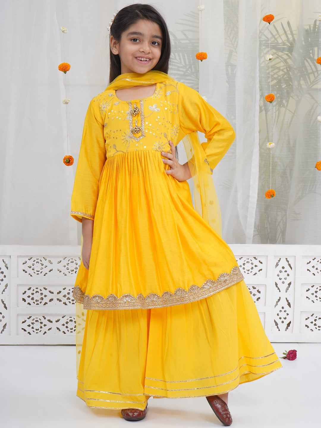 Girls Yellow Chanderi Silk Floral Embroidery Kurta Sharara Set with Dupatta | SHOBITAM