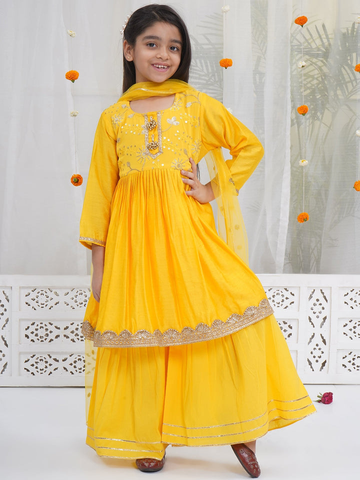 Girls Yellow Chanderi Silk Floral Embroidery Kurta Sharara Set with Dupatta | SHOBITAM