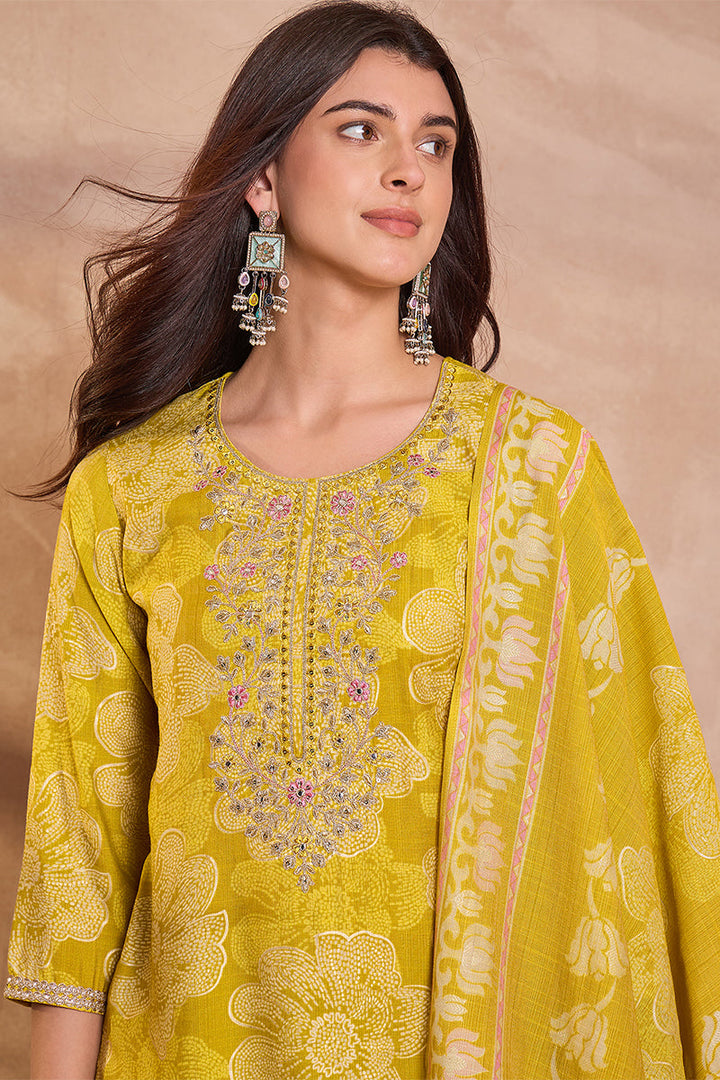 Yellow Poly Silk Floral Printed Straight Kurta Trouser With Dupatta | SHOBITAM