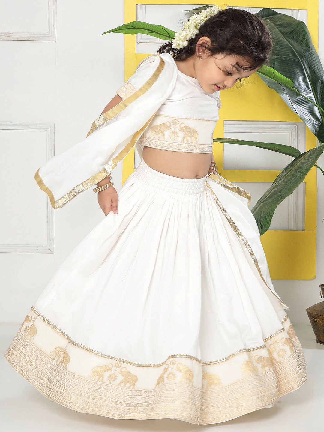 Cream Elephant Zari Embroidery Chanderi Cotton Lehenga Set | SHOBITAM