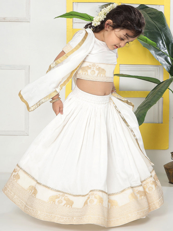 Cream Elephant Zari Embroidery Chanderi Cotton Lehenga Set | SHOBITAM
