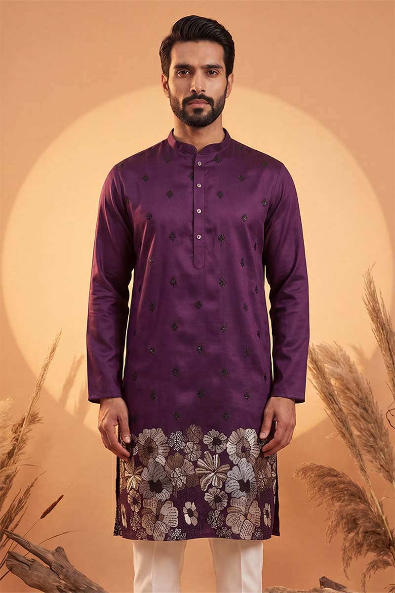 Mens Violet Silk Blend Solid Embroidered Kurta With Trousers | SHOBITAM