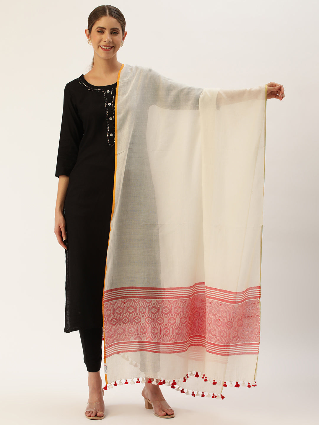 New Cream Red Assamese Cotton Dupatta | SHOBITAM