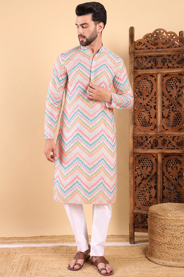 Teal Viscose Rayon Chevron Printed Straight Kurta with Trousers | SHOBITAM