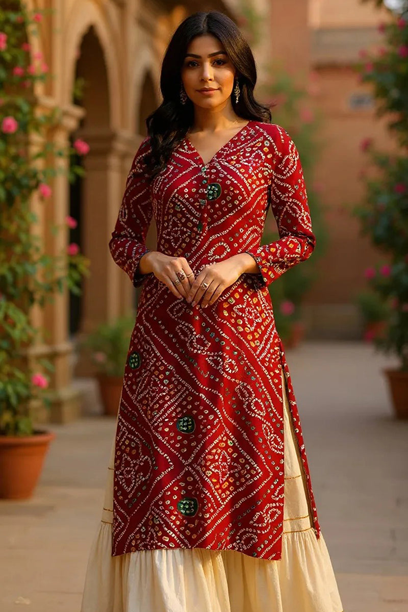 Rayon Blend Red And Beige Bandhani Printed Straight Kurta | SHOBITAM