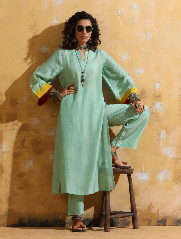 Mint Green Muslin Silk High-Slit Kurta Pant Set  | SHOBITAM
