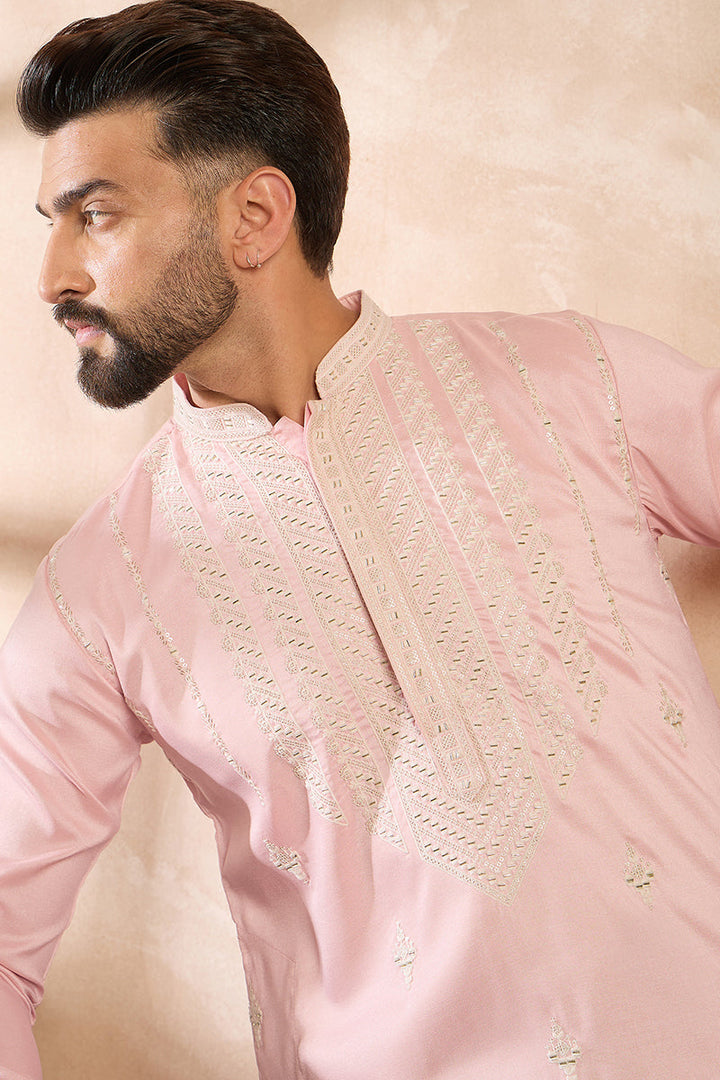 Pink Silk Geometric Embroidered Straight Kurta With Trouser | SHOBITAM