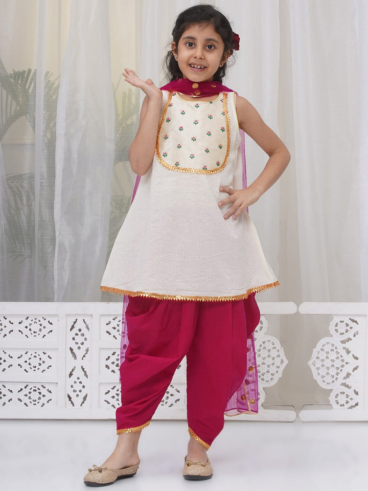 Girls Cotton Sleeveless Kurta with Dhoti Salwar and Dupatta with Floral Embroidery - Cream | SHOBITAM