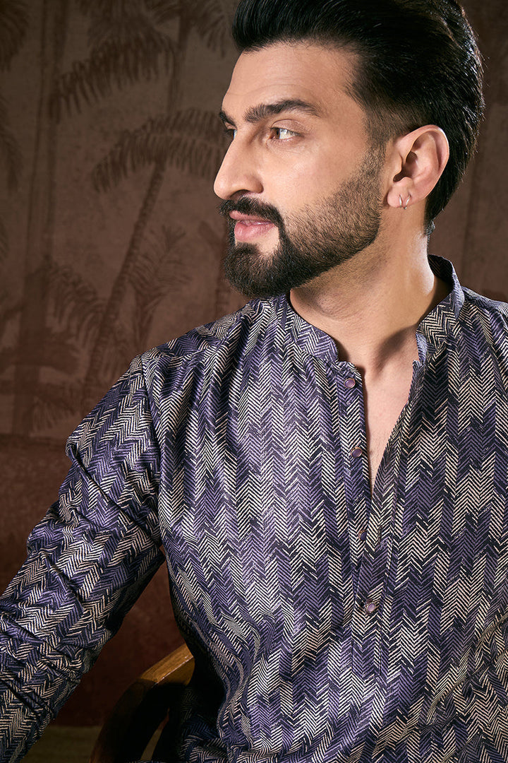 Violet Silk Blend Chevron Printed Straight Kurta For Men | SHOBITAM