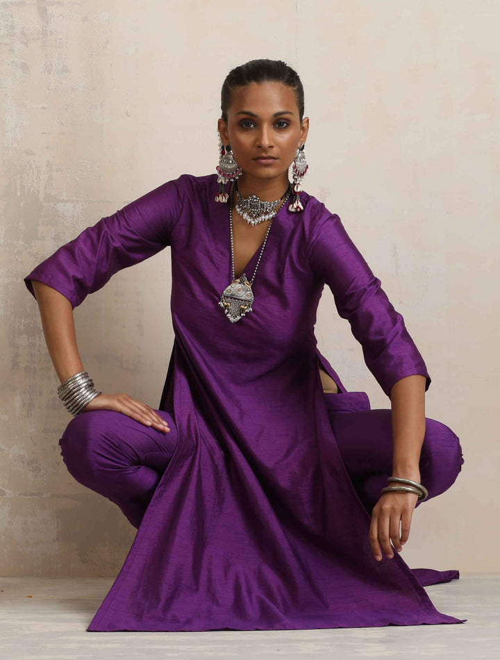 Purple Silk High Slit Kurta Set | SHOBITAM