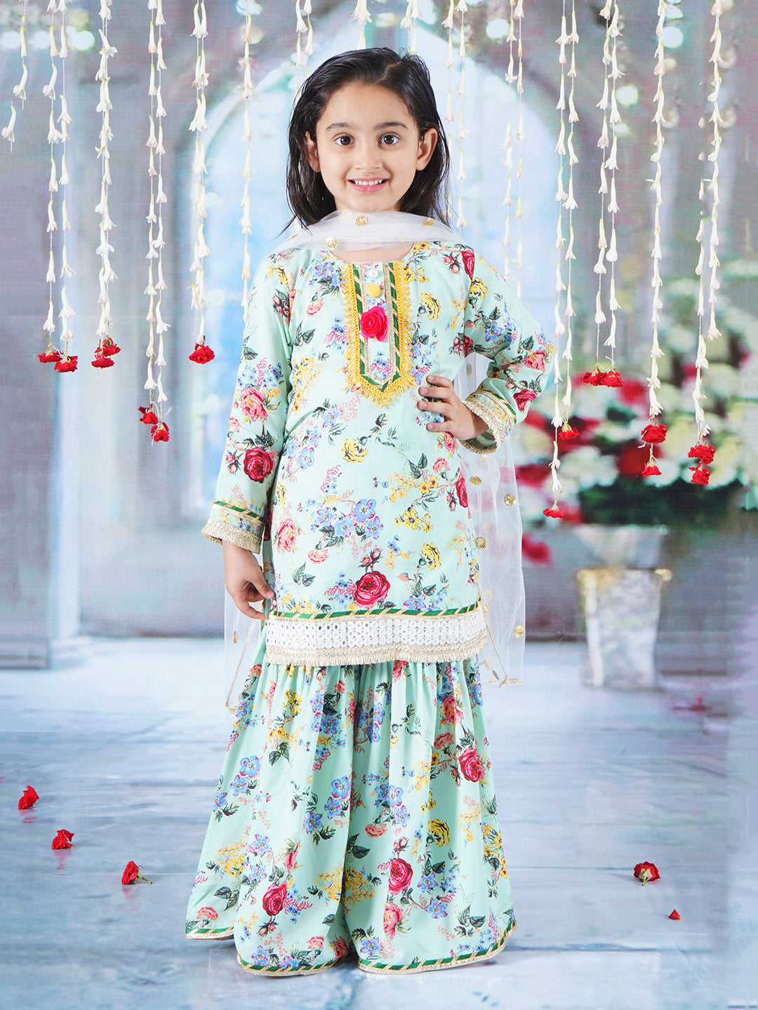 Girls Cotton Full Sleeves Kurta Sharara and Dupatta with Rose Floral Print, Lace & Floral Work - Green | SHOBITAM