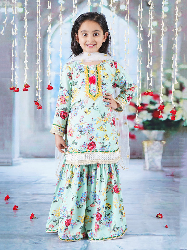 Girls Cotton Full Sleeves Kurta Sharara and Dupatta with Rose Floral Print, Lace & Floral Work - Green | SHOBITAM