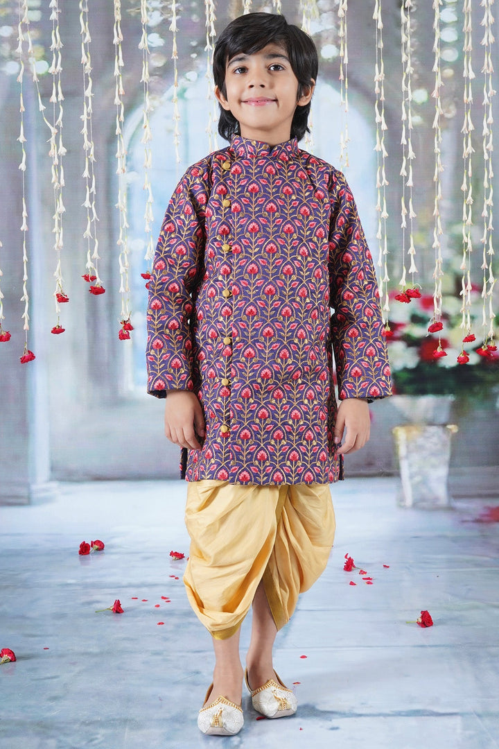 Boys Bageecha Floral Thread work Angrakha Sherwani with Beige Silk Dhoti  | SHOBITAM