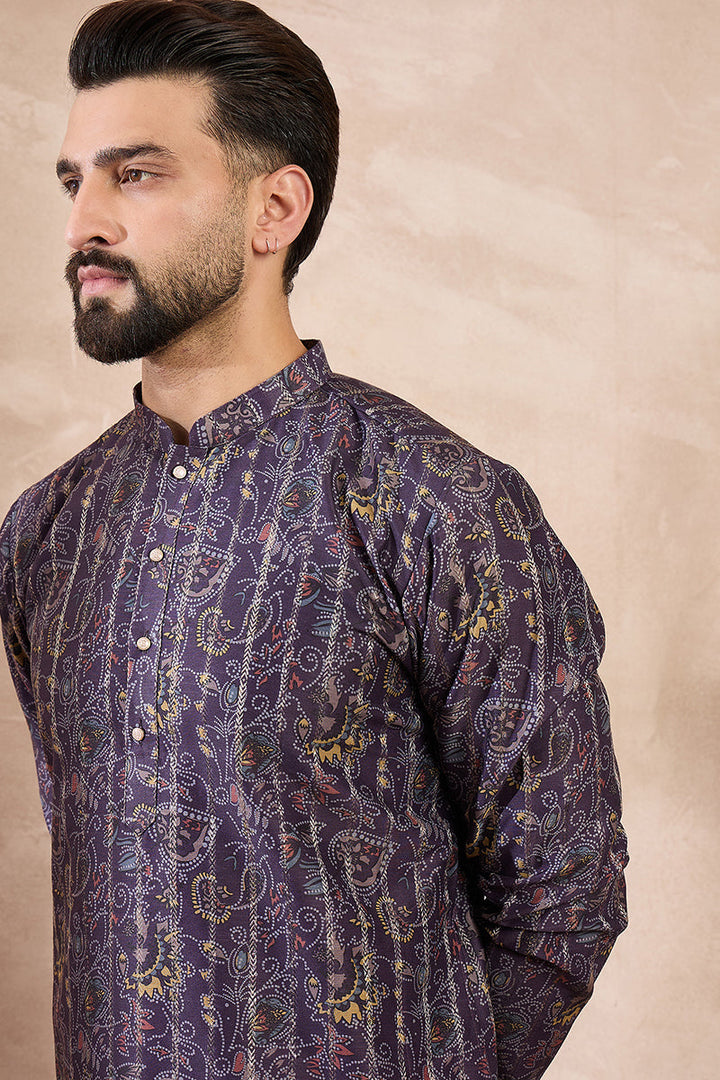 Violet Silk Blend Ethnic Motifs Printed Straight Kurta With Trouser | SHOBITAM