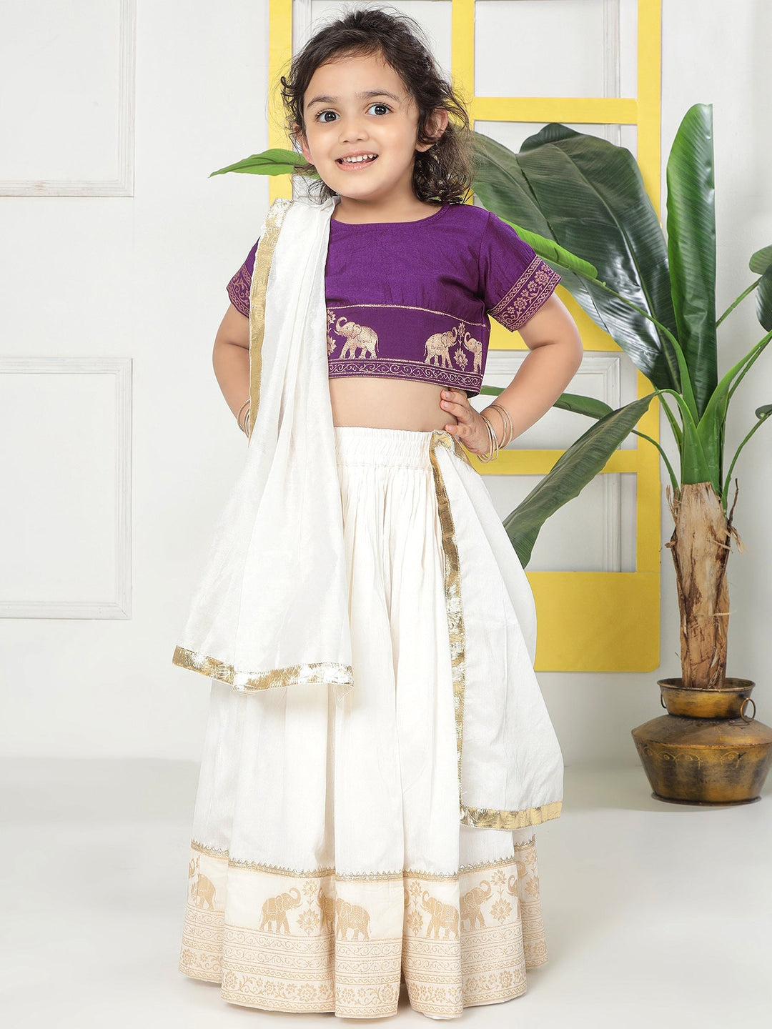 Cream Elephant Zari Embroidery Chanderi Cotton Lehenga with Stitched Purple blouse Set | SHOBITAM