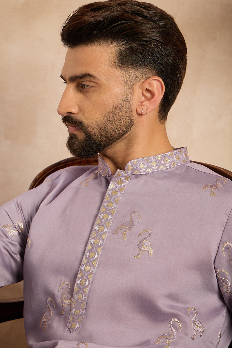 Lavender Silk Blend Solid Embroidered Straight Kurta With Trouser | SHOBITAM