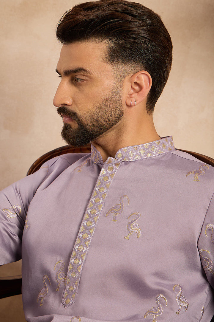 Lavender Silk Blend Solid Embroidered Straight Kurta With Trouser | SHOBITAM