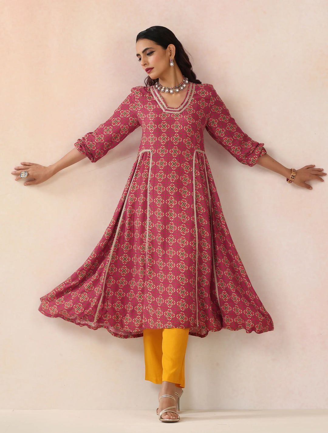 Pink Print Viscose Fit And Flared Kurta Set| SHOBITAM