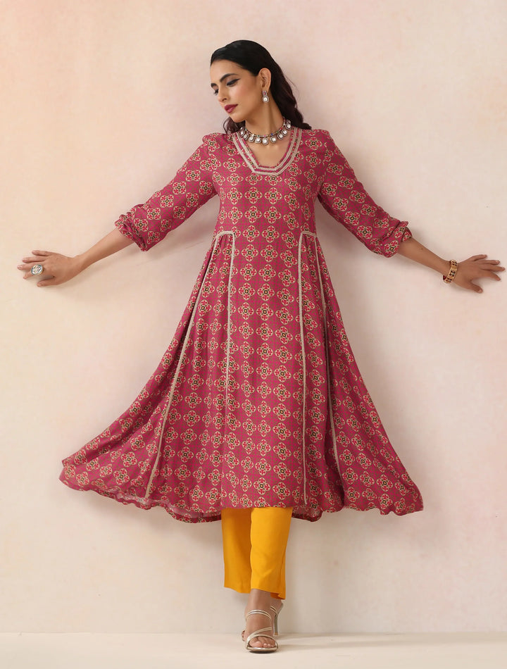 Pink Print Viscose Fit And Flared Kurta Set| SHOBITAM