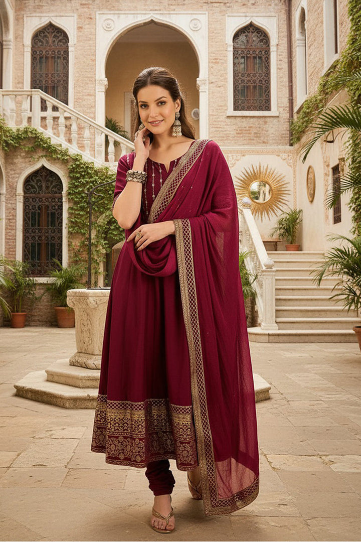 Magenta Silk Blend Woven Design Anarkali Suit Set | SHOBITAM
