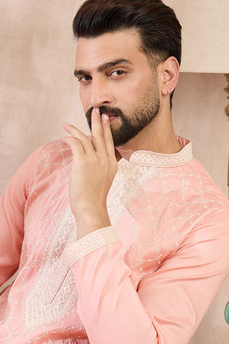 Pink Silk Blend Embroidered Mandarin Collar Straight Kurta  | SHOBITAM