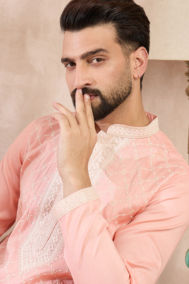 Pink Silk Blend Embroidered Mandarin Collar Straight Kurta  | SHOBITAM
