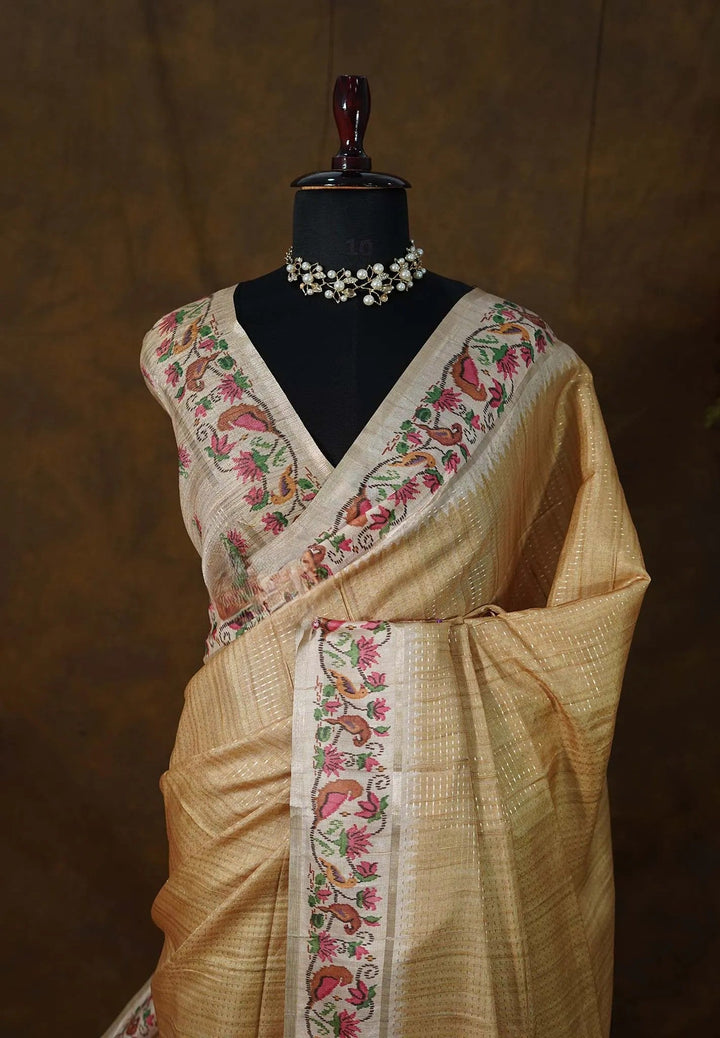 Semi Tussar Sandal Brown Saree with Zari stripes and details| SHOBITAM