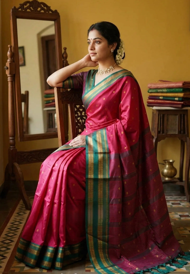 Reddish Pink Gadwal semi silk Saree with Rettaipet Rudraksham Border  | SHOBITAM