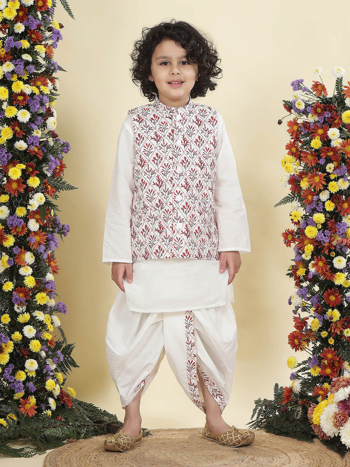 Cream Floral Nehru Jacket with Cotton Kurta Dhoti Set | SHOBITAM