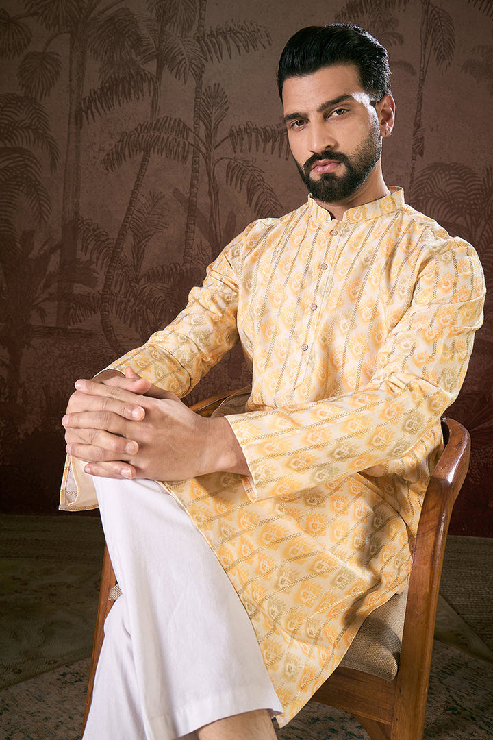 White Silk Blend Ethnic Motifs Printed Straight Kurta For Men | SHOBITAM