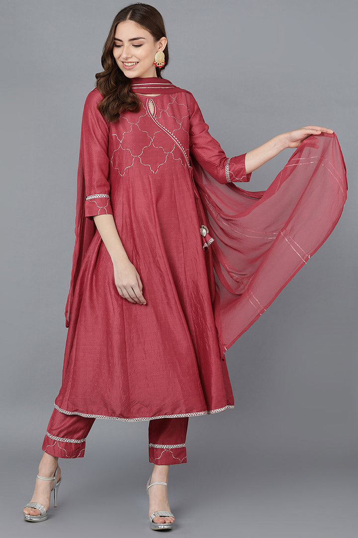 Women Red Poly Silk Embroidered Kurta Trousers With Dupatta  | SHOBITAM