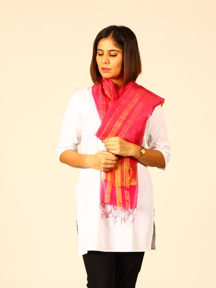 Pink Silk Linen Stole with Fringes | SHOBITAM