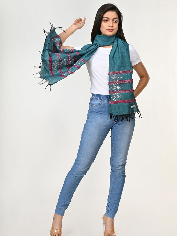 Teal Green White Khesh Kantha Cotton Stole | SHOBITAM