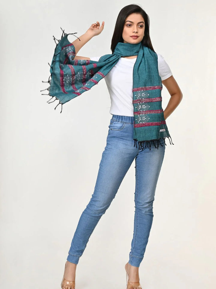 Teal Green Khesh Kantha Cotton Stole